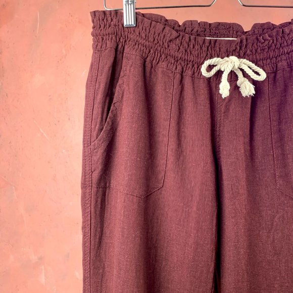 ROXY Linen Blend Wide Leg Pants/Oceanside Pant/Beach Pants Roxy/Burgundy Linen - Picture 2 of 9